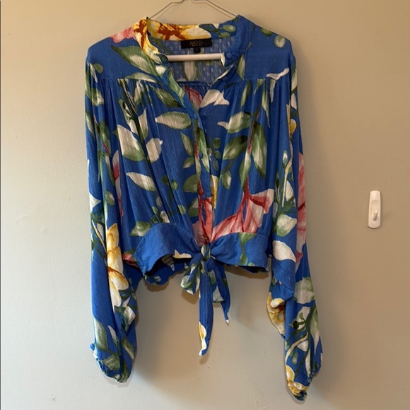 RACHEL Rachel Roy Tops - RACHEL Rachel Roy Blue and White Tie Front Blouse with Mandarin Collar Size L